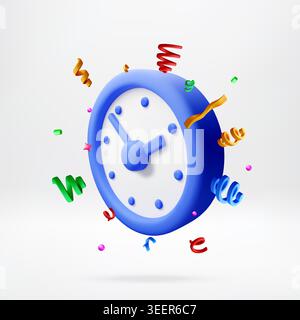 3D Blue clock icon with colorful festive confetti Stock Vector