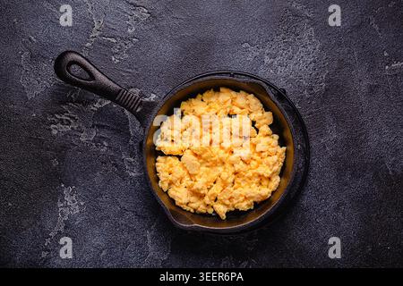 Cooked omelette in a frying pan, top view. Stock Photo