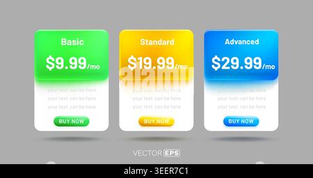 Modern pricing table with three subscription options for web services and products. Vector illustration. Stock Vector