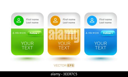 Social media profile and follow button UI elements. Modern graphic design template for user interface applications. Vector illustration. Stock Vector