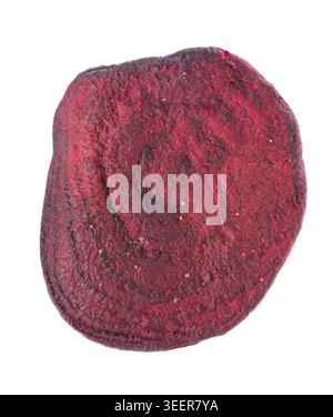 Crispy roasted beetroot chips with sea salt, isolated on white background. Healthy and crunchy natural vegetable snack. Clipping path Stock Photo