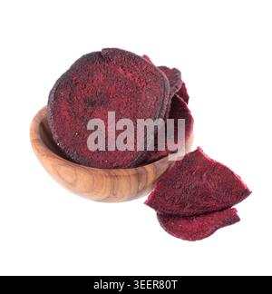 Crispy roasted beetroot chips with sea salt, isolated on white background. Healthy and crunchy natural vegetable snack. Clipping path Stock Photo