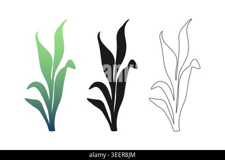 Seaweed and aquatic plant illustration set featuring gradient green to blue, solid black silhouette and line art styles for marine branding, web icons Stock Vector