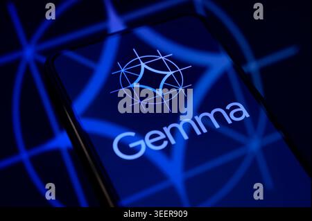 Paris, France - May 12, 2026: The Google Gemma AI logo displayed on a smartphone screen, showcasing open-source artificial intelligence models. Stock Photo