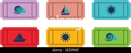 Colorful summer vacation travel ticket bundle featuring beach holiday sun waves and sailboat graphic icons Stock Vector