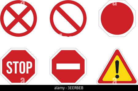red and yellow construction work warning caution and stop traffic safety signs collection flat vector illustration set Stock Vector