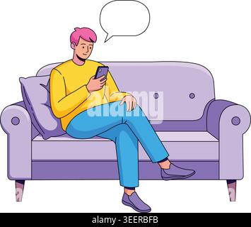 young man sitting on a comfortable purple sofa scrolling on his modern mobile phone flat vector illustration Stock Vector