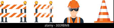 orange road traffic cones construction barriers barricades and male builder worker industrial safety set flat vector illustration Stock Vector