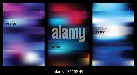 Creative abstract poster set bundle with dark neon blurry gradients for modern fluid graphic design template backgrounds Stock Vector