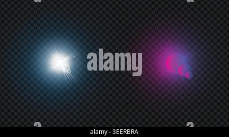Lens flare set collection featuring glowing light effects and bright neon optical glares for graphic design elements Stock Vector