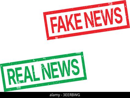 Fake news and real news stamp with red and green grunge texture for media journalism and information Stock Vector