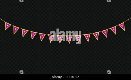 Colorful bunting triangular flags banner garland string vector illustration set festive party celebration birthday decoration elements Stock Vector
