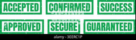 Green grunge rubber stamp set with accepted confirmed success approved secure and guaranteed business seal mark signs Stock Vector