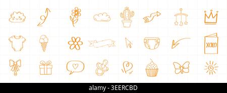 Hand drawn yellow kids outline doodles set sketchy cute cartoon elements star heart crown vector bundle Stock Vector