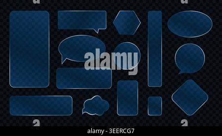 Dark blue glass morphism speech bubble chat boxes element collection transparent frosted glass vector illustration bundle Stock Vector