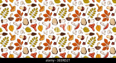 Seamless mushroom pattern in autumn cartoon style. Fall nature forest element for fabric print, wrapping paper, textile, background. Stock Vector