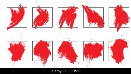 Red watercolor brush stroke splatter set messy paint mark modern graphic design element collection vector illustration bundle Stock Vector