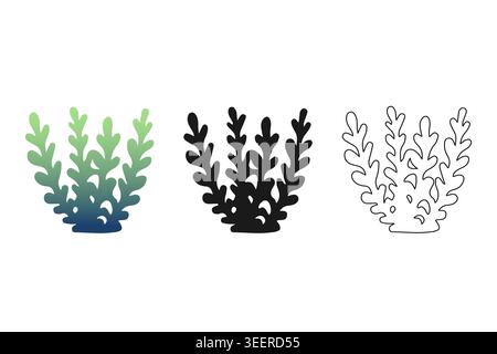 Simple seaweed doodle set featuring green gradient, solid black silhouette and line art icons for nautical scrapbooking, hand drawn style branding and Stock Vector