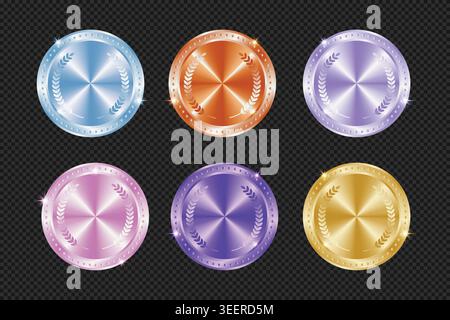 Metallic round badges and shiny ribbons award rosette vector illustration set premium quality guarantee certification labels Stock Vector