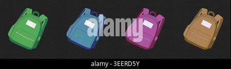 Colorful school bag backpack set educational student luggage modern graphic design element collection vector illustration bundle pack Stock Vector
