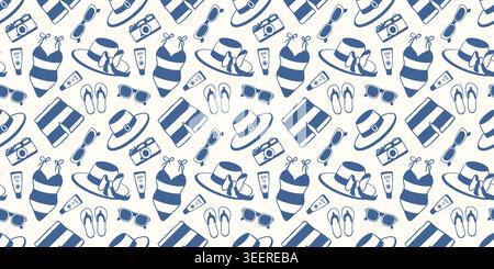 Seamless summer travel pattern with beach items, swimsuit, hat, sunscreen, camera and sunglasses. Flat style illustration for textile, paper. Stock Vector