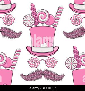 Seamless pattern featuring top hat, lollipop glasses and pink feather mustache. Vector background on white. Stock Vector