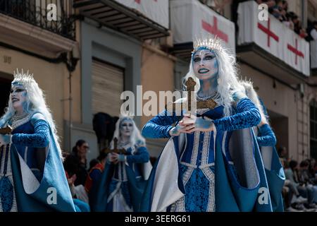 Dancers of the Ana Botella Ballet performing in the Ensign parade of the Asturianos Group, Moors and Christians in Alcoy 2026, Spain Stock Photo