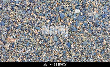 Detailed close-up showcases a texture of assorted beach pebbles. Lighting emphasizes varied cool grays, blues, and subtle earthy tones, ideal for back Stock Photo