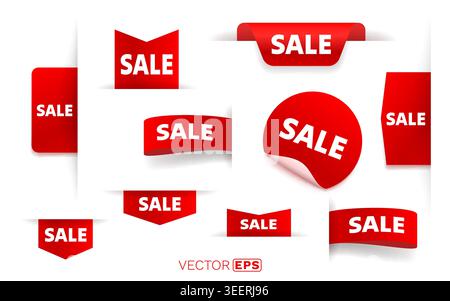 Collection of various red SALE tags and labels, ideal for promotions and discounts. Vector illustration. Stock Vector