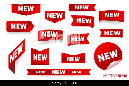 Collection of red NEW tags and labels in various shapes, ideal for product promotion. Vector illustration. Stock Vector