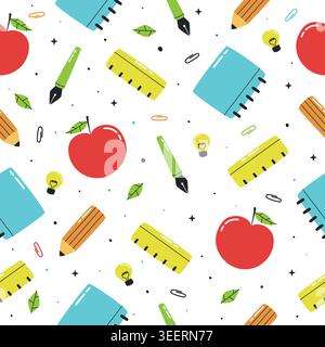 Playful and colorful hand drawn school supplies seamless pattern vector illustration on white background. Stock Vector