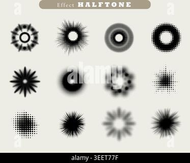 Radial Halftone dotted effect. Abstract geometric dote vector circles. Design for logos, backgrounds, icon pattern. Interesting futuristic shapes.  Stock Vector