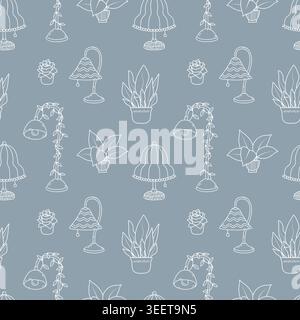 Cozy lamps and houseplants seamless pattern. Hand drawn home lighting repeat background Stock Vector