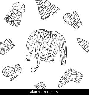 Cozy chunky knitwear seamless pattern. Hand drawn knitted clothes repeat background Stock Vector