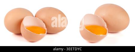 two whole eggs and broken egg isolated on white background Stock Photo