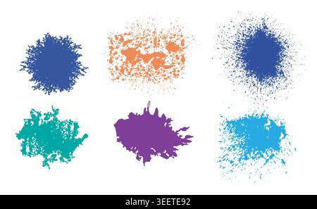 Trendy set of abstract splatter design elements vector illustration. Different shape isolated ink splatter. Ink splash pattern, grunge textures, for a Stock Vector