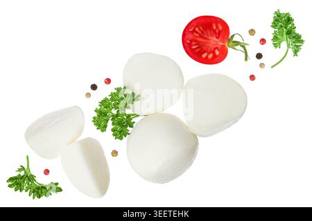 Mini mozzarella balls with parsley leaf isolated on white background. Top view. Flat lay. Stock Photo