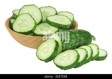Sliced cucumber in wooden bowl isolated on white background with full depth of field Stock Photo