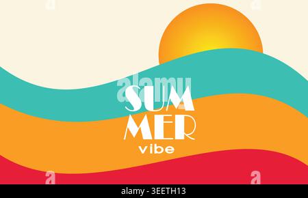 Summer Vibe Retro Background: Vibrant Sunset Over Tropical Waves Illustration with Vintage 70s Aesthetic - Colorful Abstract Beach Poster and Summer Stock Vector