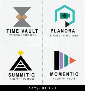 Modern Minimalist Logo Collection Bundle – Time Vault, Planora, Summitiq and Momentiq Geometric Branding Design Set for Startup Identity, Creative Bus Stock Vector