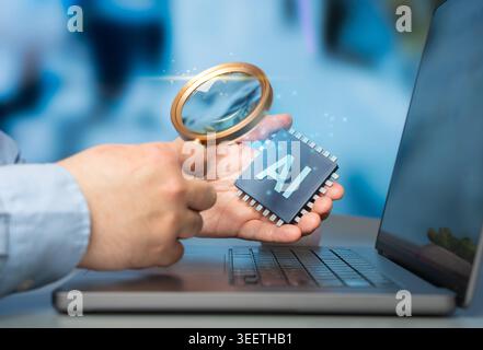 A man examines an AI microchip under a magnifying glass. Evaluating AI tools in business. Technology assessment and management innovation. Stock Photo