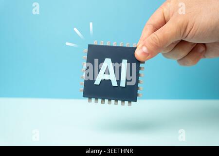 New AI microchip. Development of AI technologies. Advanced processor innovation, semiconductor industry growth and future of artificial intelligence c Stock Photo
