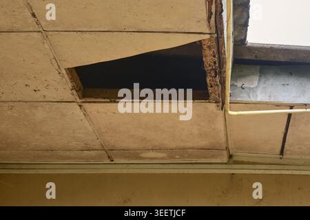 hole in old dirty white acoustic tile ceiling , damaged exterior roof, property damage concept Stock Photo