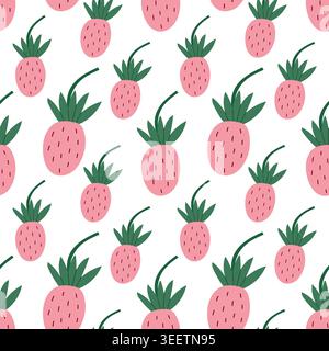 Seamless pattern of pink wild strawberries on white background. Each strawberry has green leaves and a stem. Small, cute design. Good for children's i Stock Vector