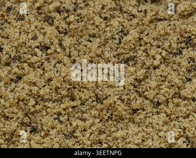 Full frame macro photograph showing the detailed texture and granular pattern of finely ground white pepper powder Stock Photo