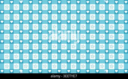 Cyan light blue gingham checkerboard seamless pattern with small white flowers and cute hearts vector bundle Stock Vector