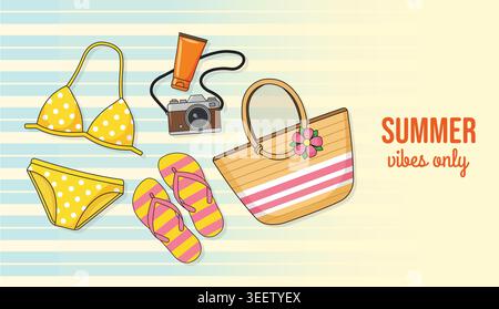 Summer vibes only typography with yellow bikini striped beach bag sunglasses sunscreen and flip flops vector Stock Vector