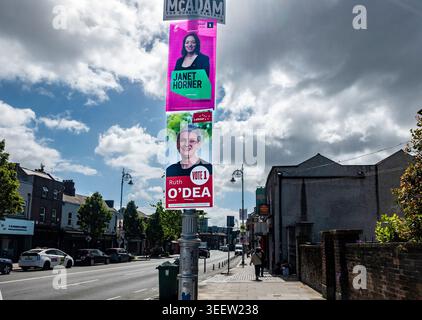 Election posters for Janet Horner (Green Party) and Ruth O’Dea (Labour) in Dublin Central. Displayed on a street pole on Manor Street, Stoneybatter. Stock Photo