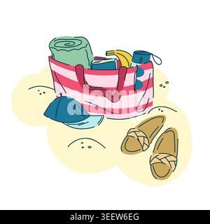 A striped beach bag sits on the sand next to flip-flops and a cap. Inside the bag is a rolled-up towel, a banana, a book, a water bottle, and a beach Stock Vector
