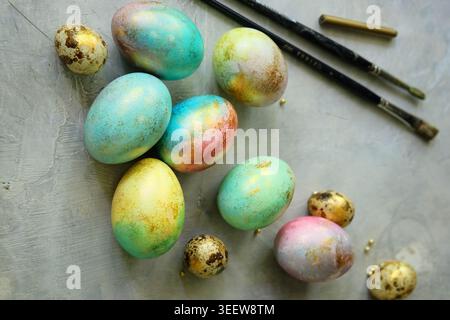Artistic watercolor depiction of quail eggs with textured backdrop Stock Photo